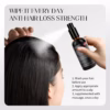 Woman massaging serum into damp hair, smiling in a sunlit bathroom.